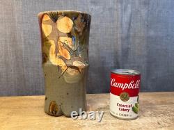Vintage Art Pottery Vase Studio Mark Leaves Drip Glaze Unique Stoneware Clay