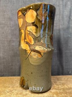 Vintage Art Pottery Vase Studio Mark Leaves Drip Glaze Unique Stoneware Clay