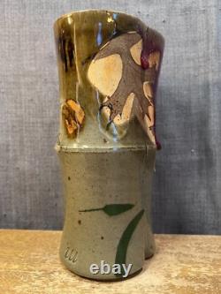 Vintage Art Pottery Vase Studio Mark Leaves Drip Glaze Unique Stoneware Clay