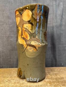 Vintage Art Pottery Vase Studio Mark Leaves Drip Glaze Unique Stoneware Clay