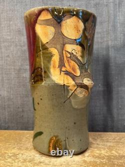 Vintage Art Pottery Vase Studio Mark Leaves Drip Glaze Unique Stoneware Clay