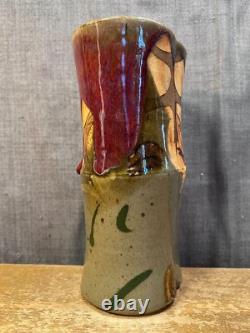 Vintage Art Pottery Vase Studio Mark Leaves Drip Glaze Unique Stoneware Clay