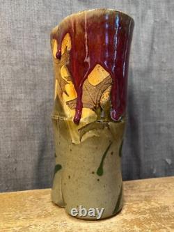 Vintage Art Pottery Vase Studio Mark Leaves Drip Glaze Unique Stoneware Clay
