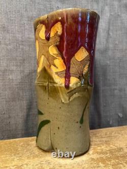Vintage Art Pottery Vase Studio Mark Leaves Drip Glaze Unique Stoneware Clay
