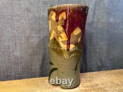 Vintage Art Pottery Vase Studio Mark Leaves Drip Glaze Unique Stoneware Clay