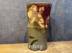 Vintage Art Pottery Vase Studio Mark Leaves Drip Glaze Unique Stoneware Clay