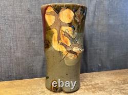 Vintage Art Pottery Vase Studio Mark Leaves Drip Glaze Unique Stoneware Clay
