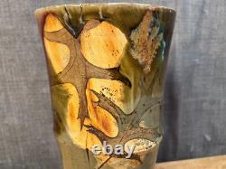 Vintage Art Pottery Vase Studio Mark Leaves Drip Glaze Unique Stoneware Clay