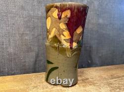 Vintage Art Pottery Vase Studio Mark Leaves Drip Glaze Unique Stoneware Clay