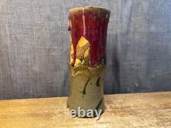 Vintage Art Pottery Vase Studio Mark Leaves Drip Glaze Unique Stoneware Clay