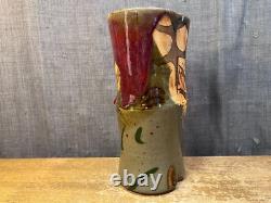 Vintage Art Pottery Vase Studio Mark Leaves Drip Glaze Unique Stoneware Clay