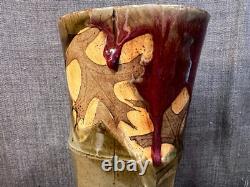 Vintage Art Pottery Vase Studio Mark Leaves Drip Glaze Unique Stoneware Clay
