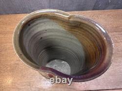 Vintage Art Pottery Vase Studio Mark Leaves Drip Glaze Unique Stoneware Clay