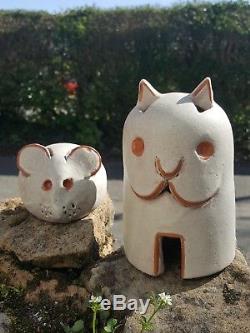 Vintage Art studio Pottery figures alfaraz Spain Ceramic Cat and mouse ornaments