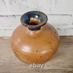 Vintage Artisan Pottery Vase Vessel Burl Wood Stlye Glaze Blue Top Studio