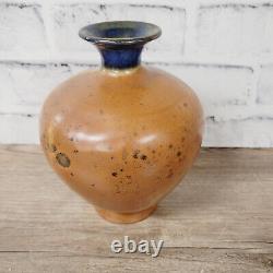 Vintage Artisan Pottery Vase Vessel Burl Wood Stlye Glaze Blue Top Studio