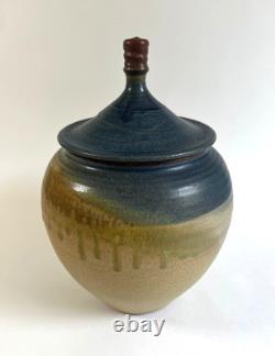 Vintage Artist Signed DeVries Studio Pottery Lidded Vessel Drip Glaze