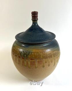 Vintage Artist Signed DeVries Studio Pottery Lidded Vessel Drip Glaze
