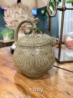 Vintage Asian Studio Pottery Celadon Glaze Carved Stoneware Ewer7.2