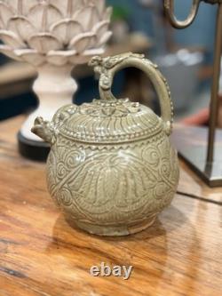 Vintage Asian Studio Pottery Celadon Glaze Carved Stoneware Ewer7.2