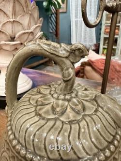 Vintage Asian Studio Pottery Celadon Glaze Carved Stoneware Ewer7.2