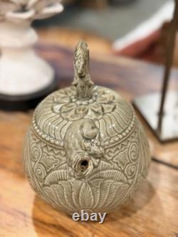 Vintage Asian Studio Pottery Celadon Glaze Carved Stoneware Ewer7.2
