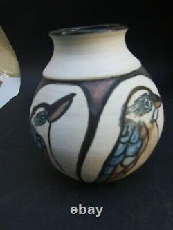Vintage Australian Studio Pottery Vase with Hand Painted Kookaburras Signed