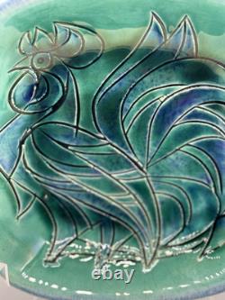 Vintage Avraham Gofer Studio Art Pottery Rooster Plate, blue & green, home decor