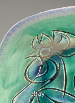 Vintage Avraham Gofer Studio Art Pottery Rooster Plate, blue & green, home decor