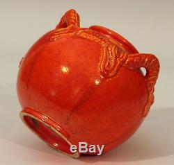 Vintage Awaji Studio Japanese Pottery Dragon Jar Chrome Red Atomic Orange Vase