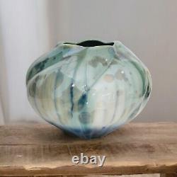 Vintage Bill Campbell Studio Art Pottery Crystalline Glaze Blue & Green Vase 8.7