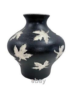 Vintage Black & White Pottery Vase Leaf Imprint Crackle Artist Signed 10 Tall