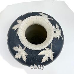 Vintage Black & White Pottery Vase Leaf Imprint Crackle Artist Signed 10 Tall