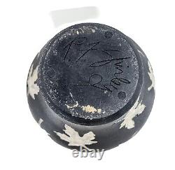 Vintage Black & White Pottery Vase Leaf Imprint Crackle Artist Signed 10 Tall