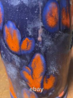 Vintage Blue Red Abstract Flower Drip Glaze MYSTERY MARK 7 High Pottery Ceramic