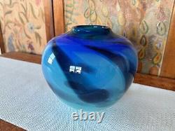 Vintage Blue Studio Art Glass Bulbous Vase by Dan Dombrowsky 1990