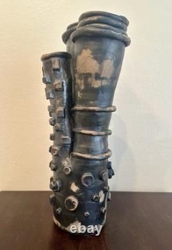 Vintage Brutalist Studio Pottery Vase Art Sculpture Black Blue Abstract 18H