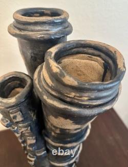Vintage Brutalist Studio Pottery Vase Art Sculpture Black Blue Abstract 18H