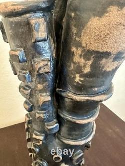 Vintage Brutalist Studio Pottery Vase Art Sculpture Black Blue Abstract 18H
