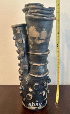 Vintage Brutalist Studio Pottery Vase Art Sculpture Black Blue Abstract 18H
