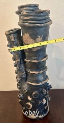 Vintage Brutalist Studio Pottery Vase Art Sculpture Black Blue Abstract 18H