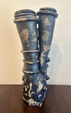Vintage Brutalist Studio Pottery Vase Art Sculpture Black Blue Abstract 18H
