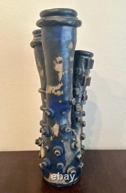 Vintage Brutalist Studio Pottery Vase Art Sculpture Black Blue Abstract 18H
