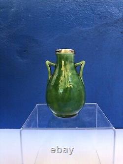 Vintage CH Brannam Barnstaple Pottery Green Two Handled Vase Silver Hall Mark