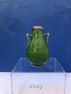 Vintage CH Brannam Barnstaple Pottery Green Two Handled Vase Silver Hall Mark