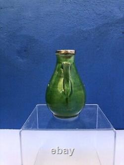 Vintage CH Brannam Barnstaple Pottery Green Two Handled Vase Silver Hall Mark