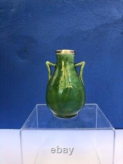 Vintage CH Brannam Barnstaple Pottery Green Two Handled Vase Silver Hall Mark