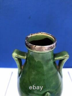 Vintage CH Brannam Barnstaple Pottery Green Two Handled Vase Silver Hall Mark