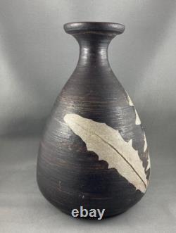 Vintage Canadian Pottery Vase, Sgraffito Leaves, 8.5 H, Vancouver Island