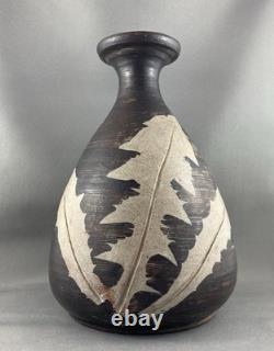 Vintage Canadian Pottery Vase, Sgraffito Leaves, 8.5 H, Vancouver Island